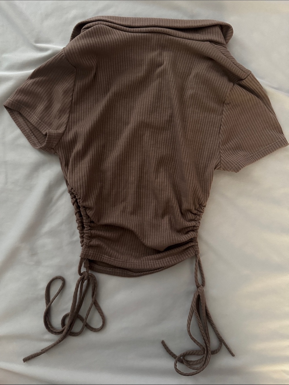 Brown Ribbed Drawstring V-Neck Women's Top - Picture 3 of 4